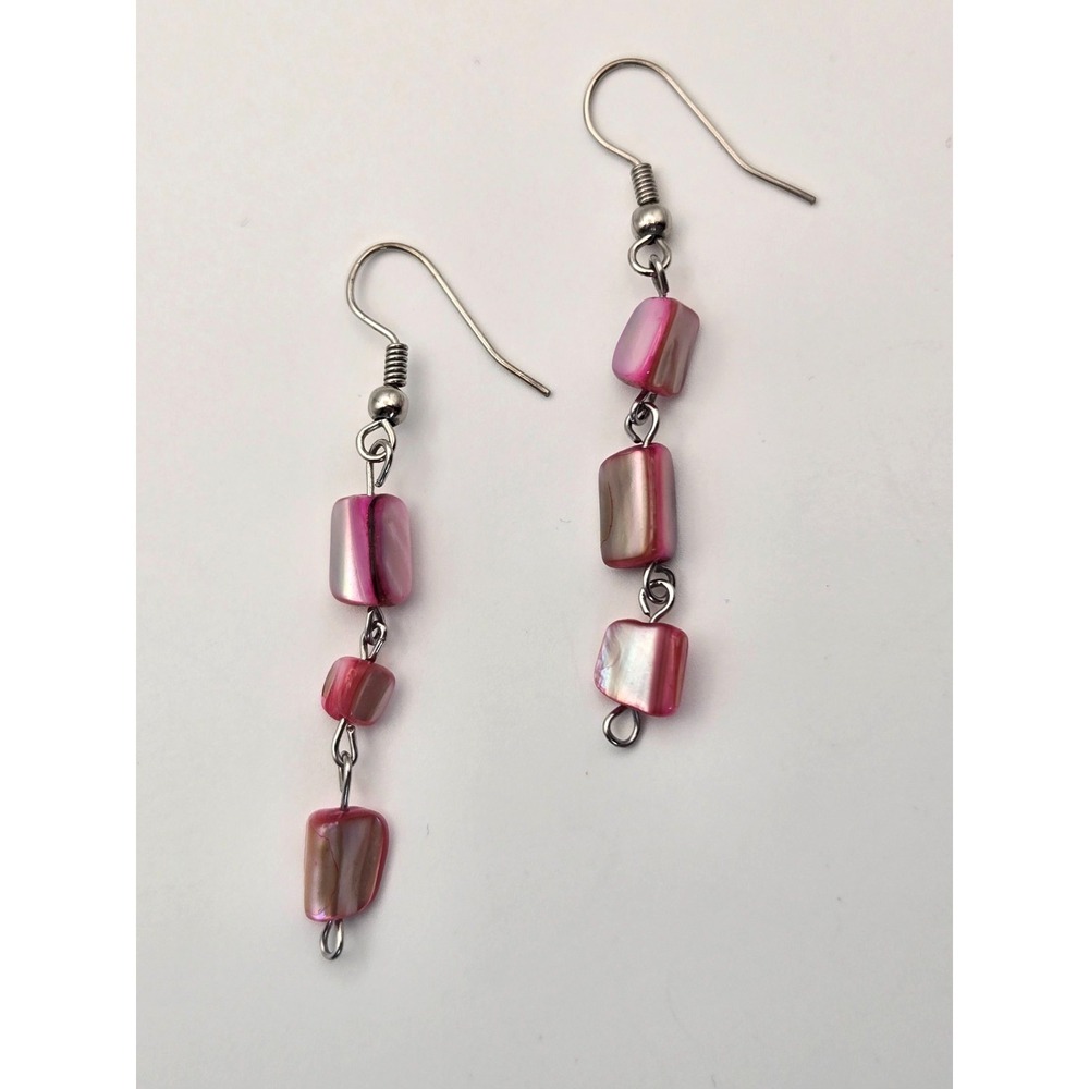 Dangle Earrings Dainty Pink Mother of Pearl Shell Silvertone Hooks‎ Boho Coastal